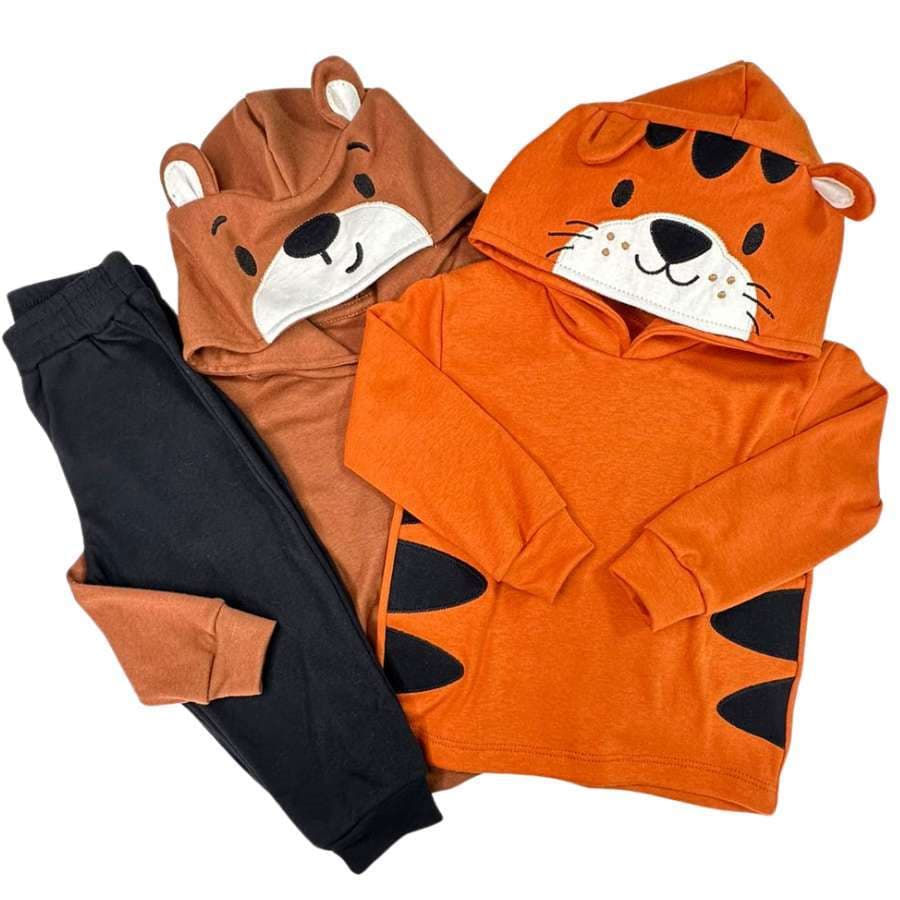 Conjunto infantil fantasia camiseta manga longa capuz bordado divertido animais e calça lisa punho