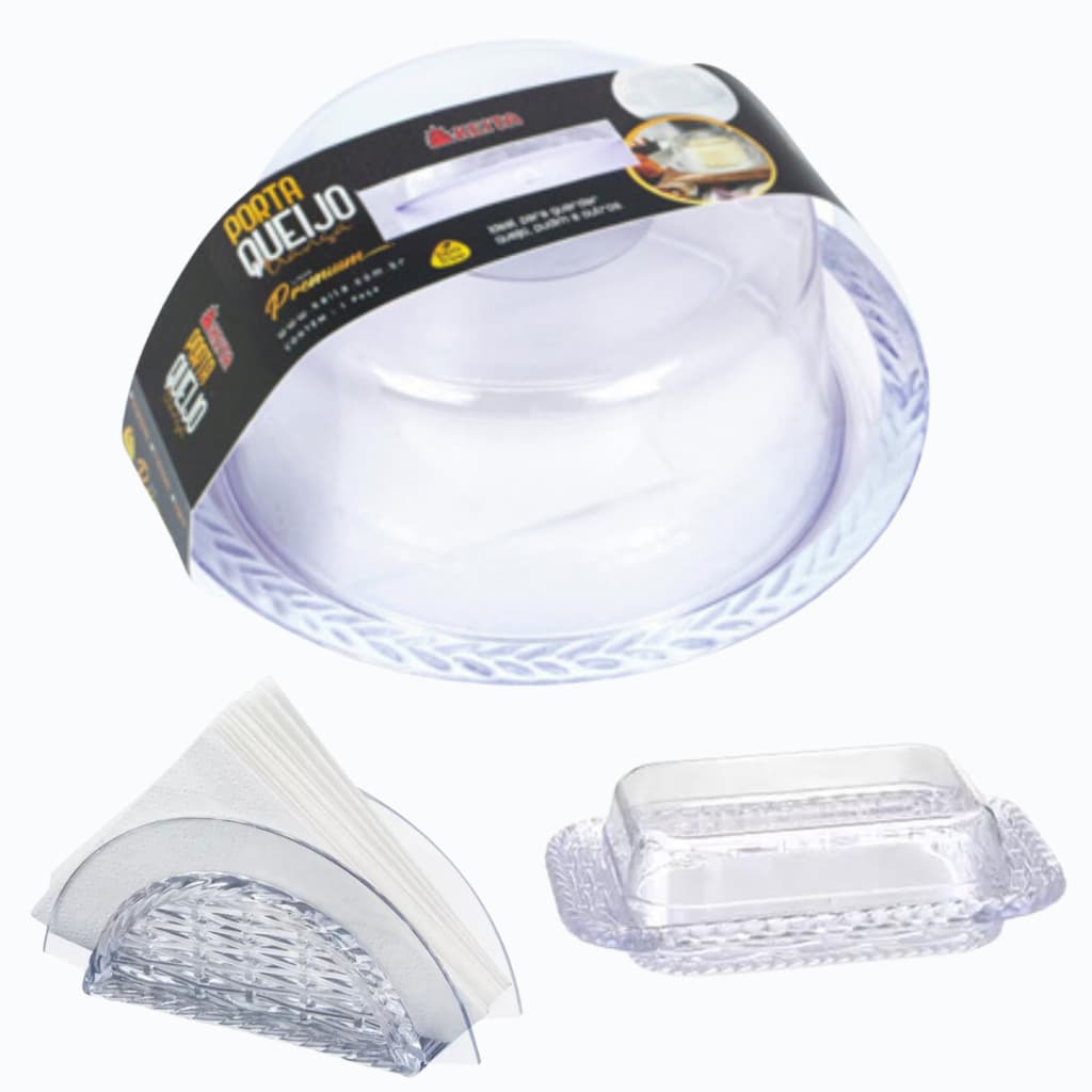 Kit Porta Queijo Queijeira + Porta Manteiga Manteigueira + Porta Guardanapos em Acrílico Trançado