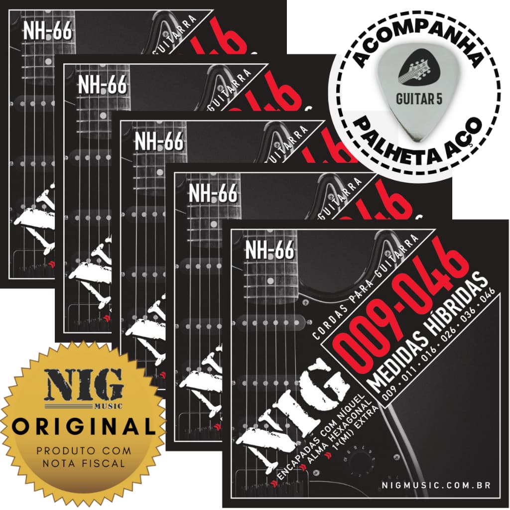 Cordas Encordoamento Para Guitarra Nig 09 046 Híbrido Com 1ª Mizinha Extra NH66 - Kit Com 5 Jogos