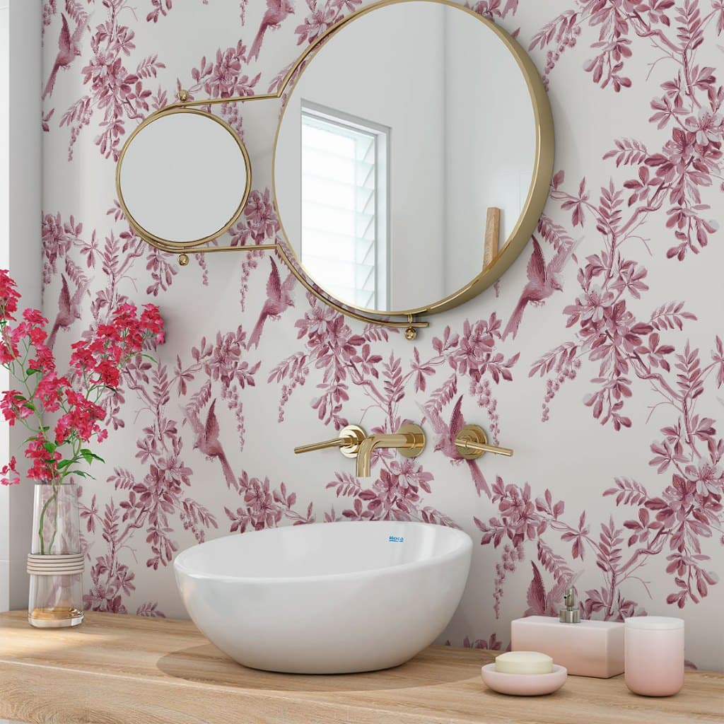 Papel de Parede Adesivo Floral Flores Pássaros Provençal Rosa  SSFL-075
