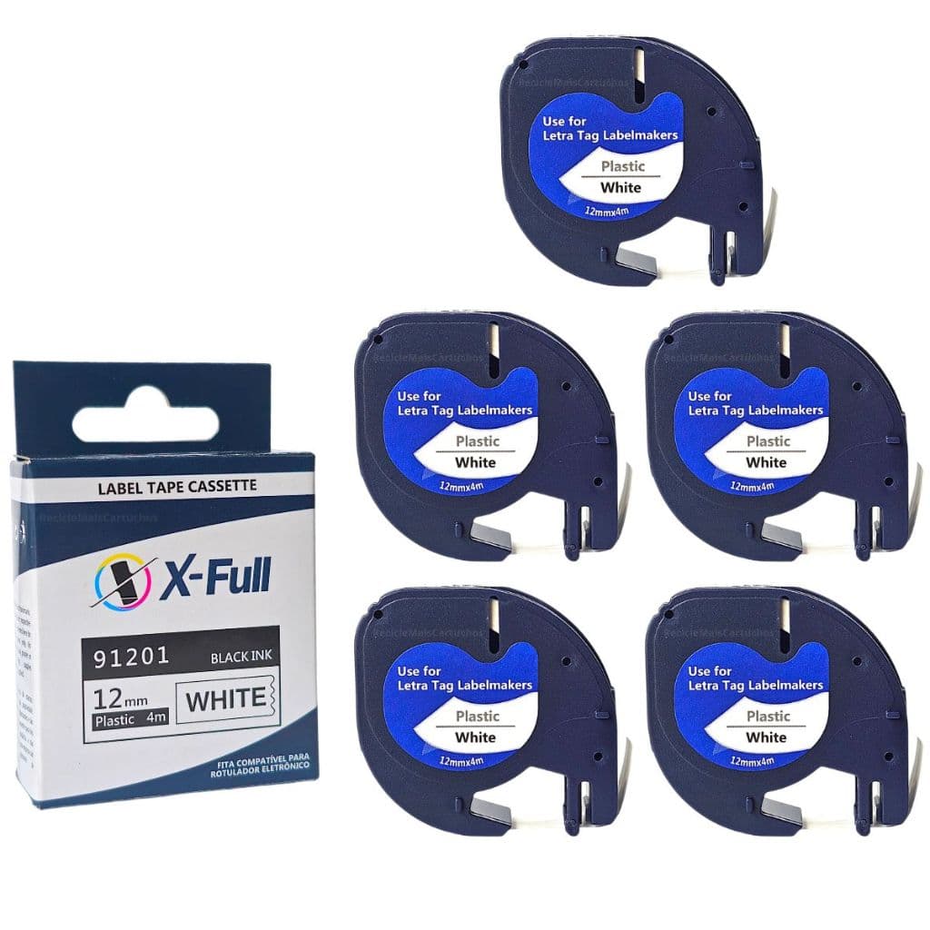 5 Fita Compatível 91201 12mm 4m Dymo Letratag Para Rotuladora Preto No Branco LT-100H QX50 XR XM LT-100H LT-100T X-full