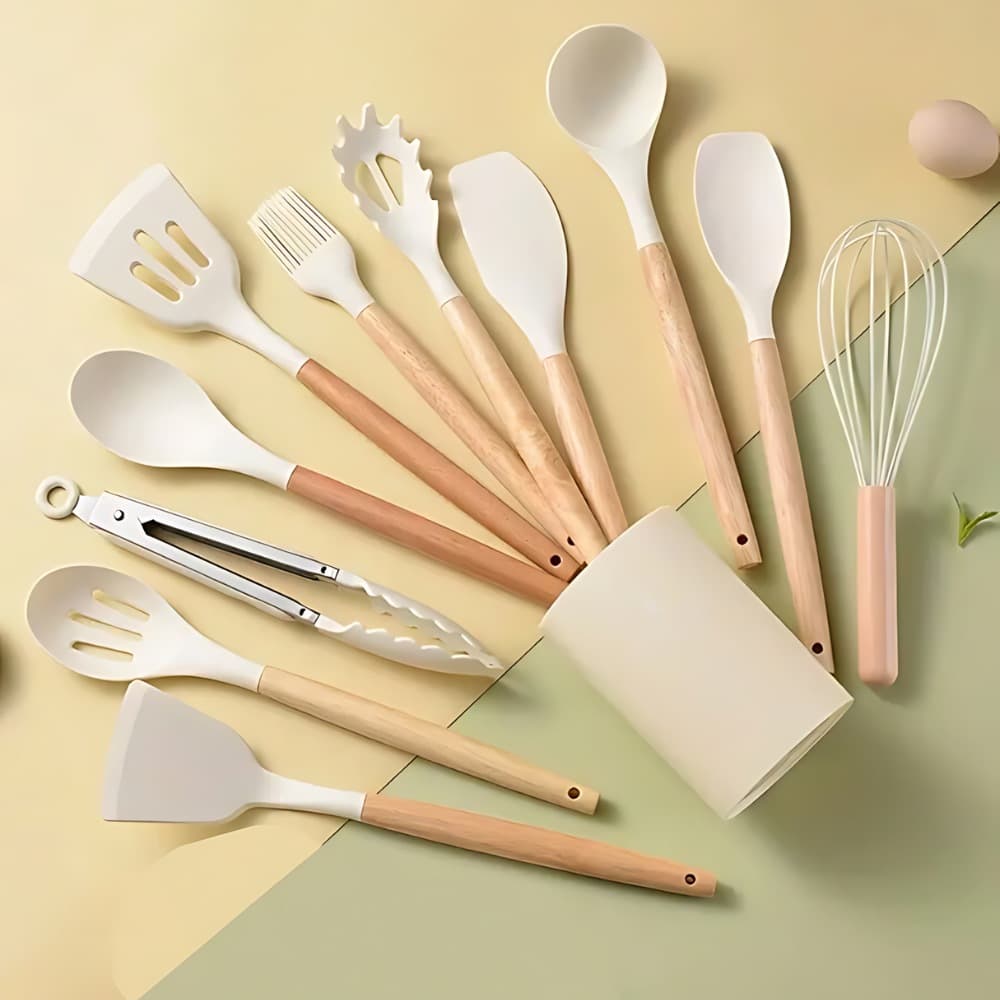 Jogo de Cozinha Kit 5/12 Peças de Silicone, Utensílios e Copo Suporte para Cozinha Cabo de Madeira
