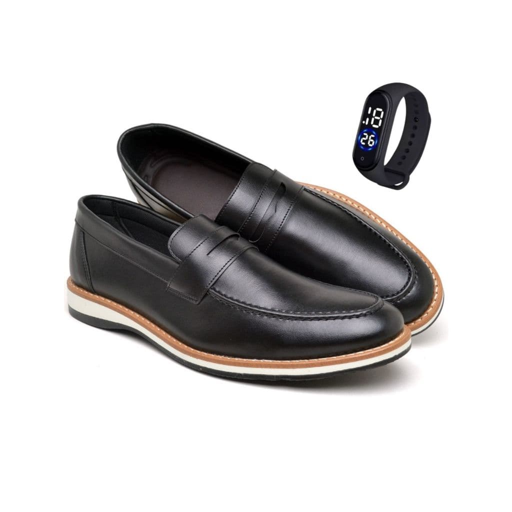 Mocassim Masculino Modelo Oxford Preto e Capuccino Calce Fácil Elegante Sport Fino + Relógio Digital