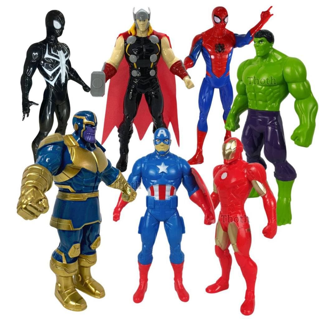 Kit 7 Boneco Vingadores Brinquedo Homem Aranha Hulk Thanos Thor Capitão America Homem de Ferro