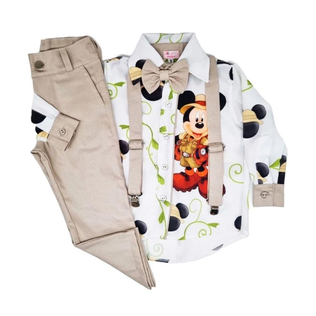 Conjunto Infantil Masculino Mickey Safari Camisa manga comprida ,Calça e acessorios
