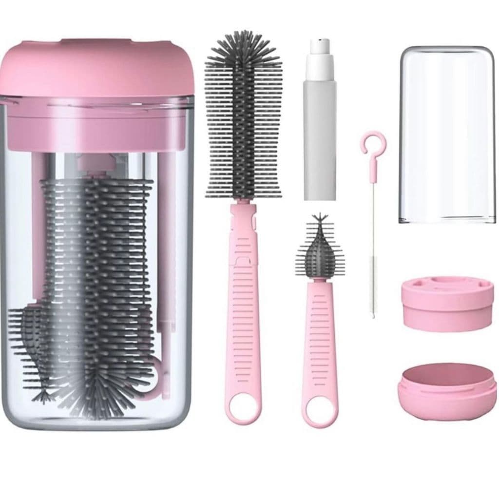 Kit Escova Higiene Lavar 4 em 1 para Copo, Garrafa, Bico de Mamadeira e Canudo Portátil para Viagem Cor Rosa