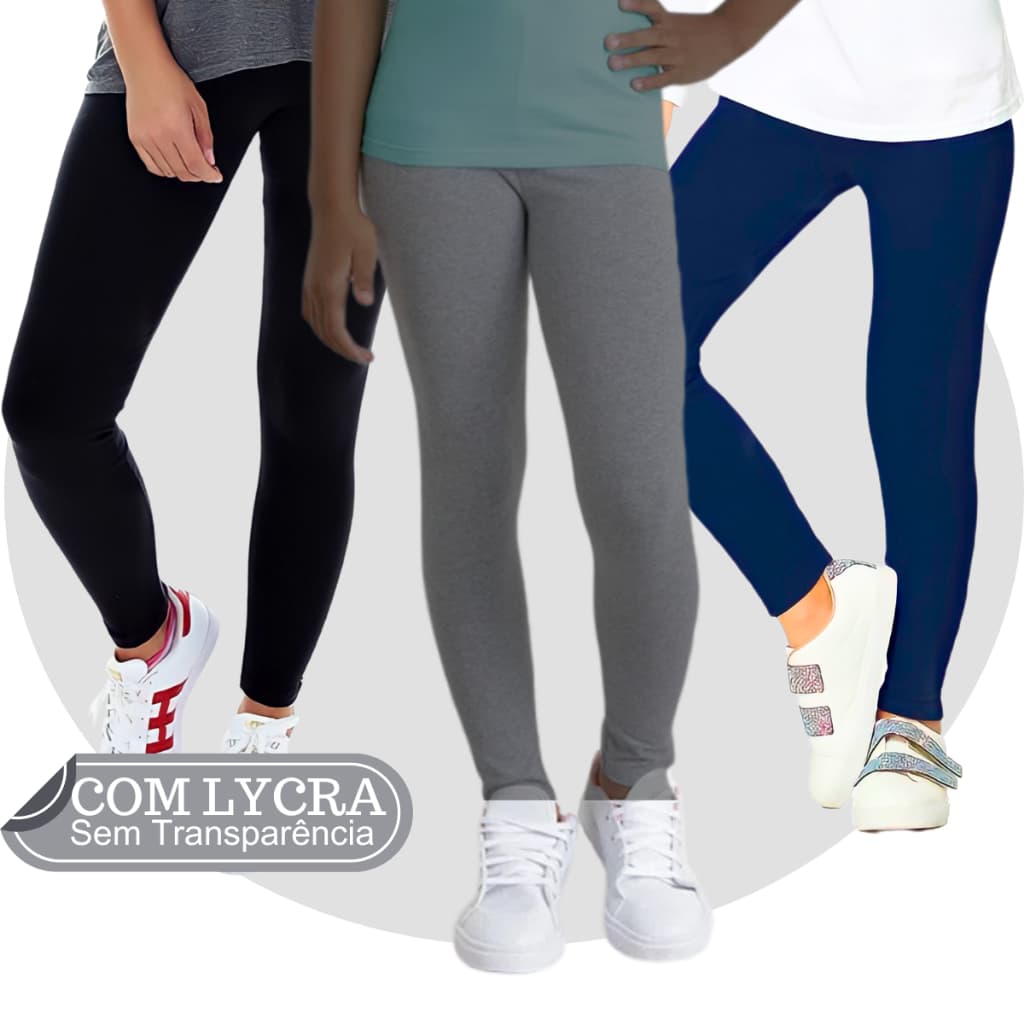 Kit 3 Calças Legging Infantil Menina 4 a 12 anos Juvenil Escolar Suplex com Lycra Sem Transparência