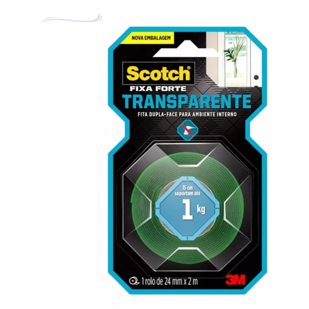 Fita Dupla Face 3m Fixa Forte 24mm X 2m Scotch Transparente Artesanato Fixação Espelhos Quadros