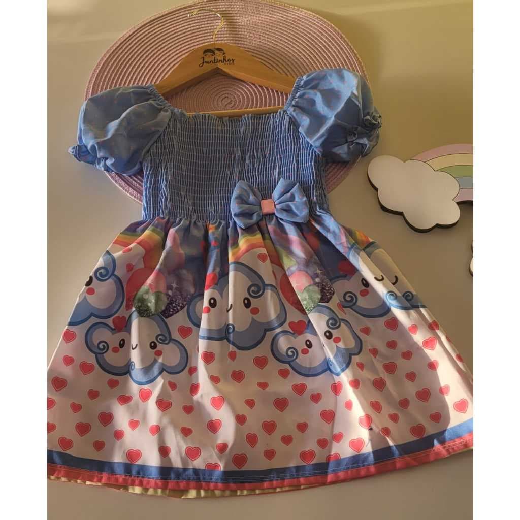 Vestido manga bufante  com estampa delicada