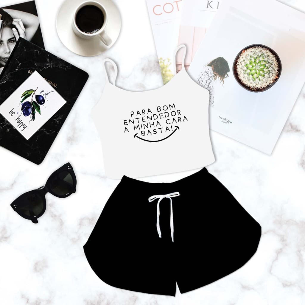Pijama Cropped Baby Doll Feminino A Minha Cara Basta Shorts Preto