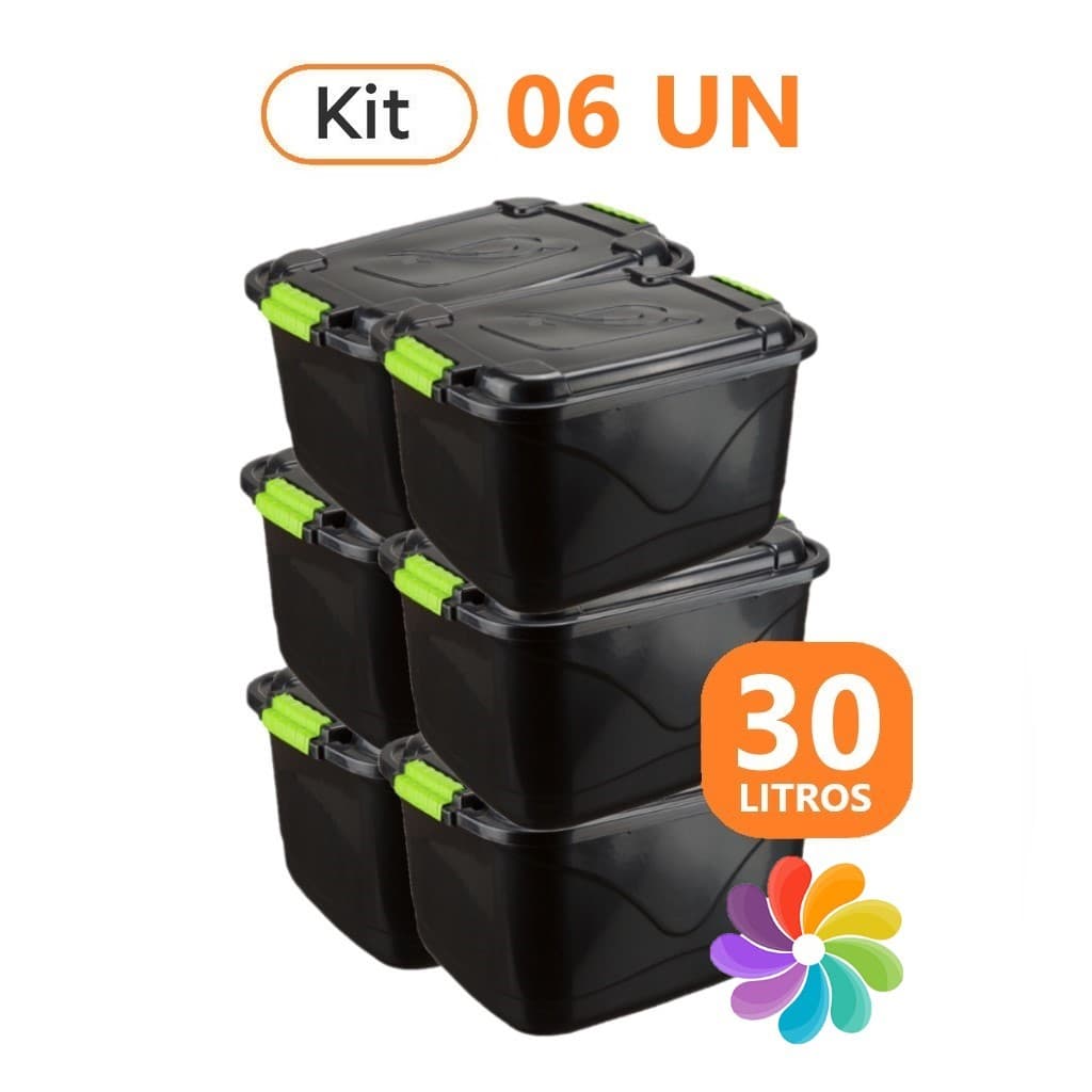 Kit 6 Caixas Organizadora 30L Tampa e Trava Cesto Container Grande P/ Brinquedos Ferramentas Multiuso