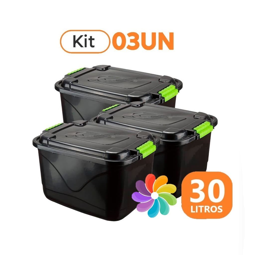 Kit 3 Caixas Organizadora 30L Tampa e Trava Cesto Container Grande P/ Brinquedos Ferramentas Multiuso