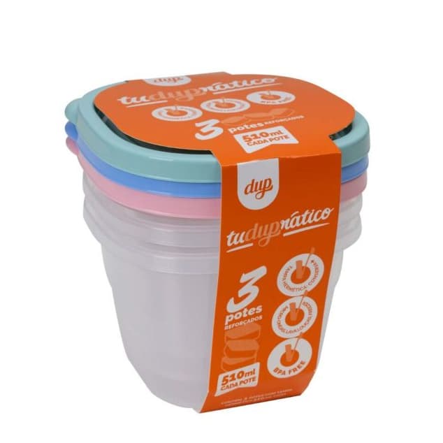 Kit de 3 Potes Herméticos Reforçados com Tampa Lisboa Dup 510ml Micro-ondas Freezer Lava Louças