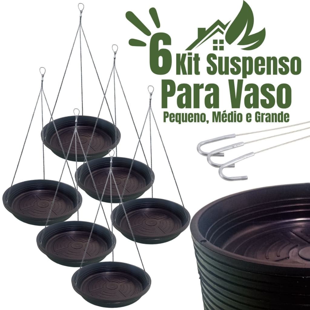 6 Suporte de Vaso Planta Pendente Prato de Plástico + Cabo de Aço Vasos Plantas Na Parede Teto - Pequeno Médio Grande