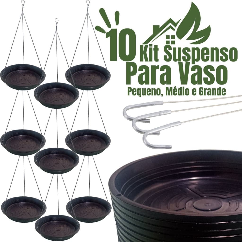10 Suporte de Vaso Planta Pendente Prato de Plástico + Cabo de Aço Vasos Plantas Na Parede Teto - Pequeno Médio Grande