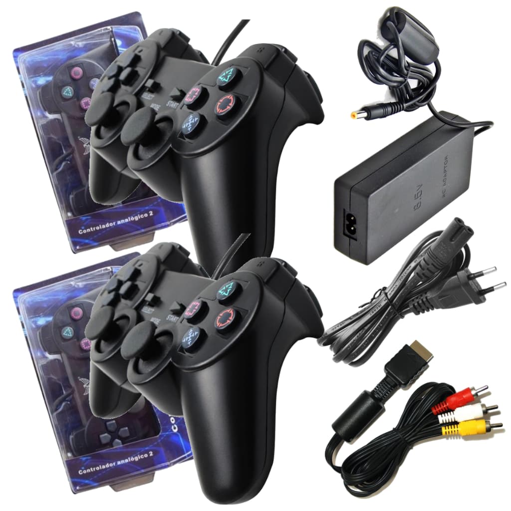 Controle Ps2 Kit 2 Unidades Joystick Manete Play 2 + Fonte Bivolt + Cabo AV + Acessórios de Consoles Playstation 2