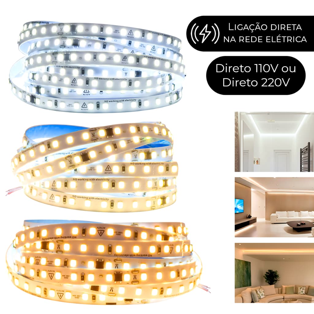 Fita Led 110v/220v Direta 120leds/m Rolo 10m Não Usa Fonte Branco Frio | Quente | Neutro