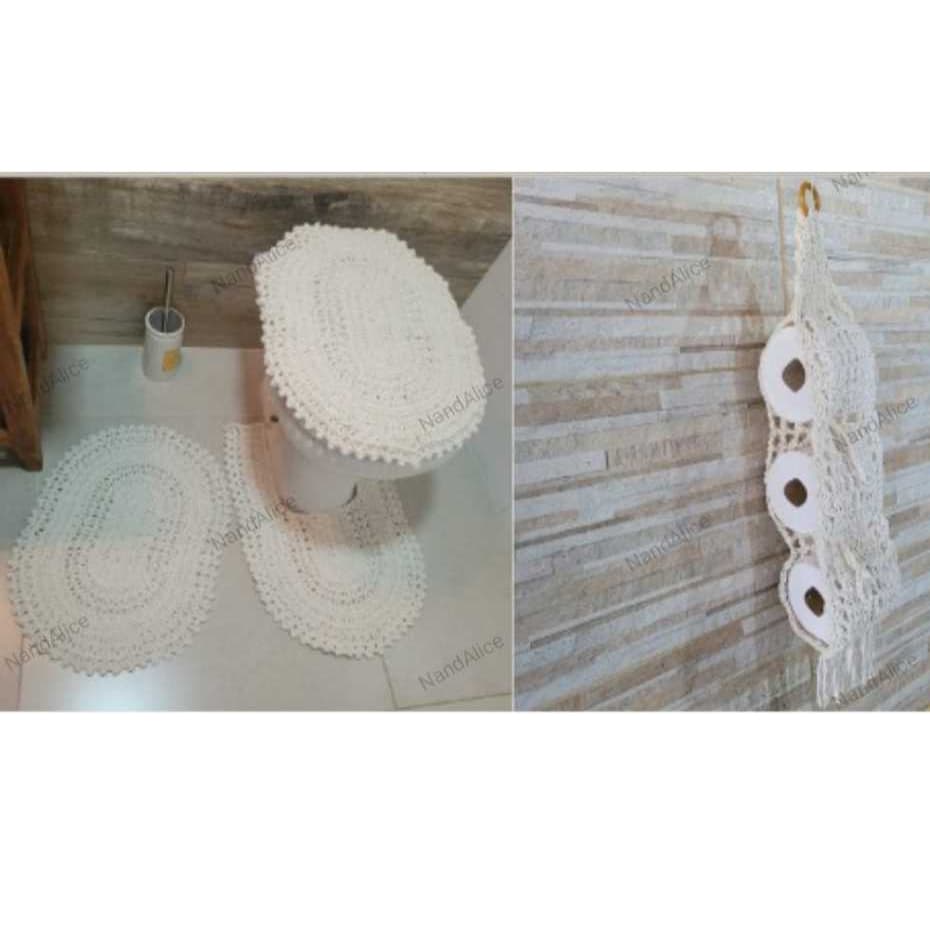 Kit Jogo de Banheiro Cru + Porta Papel Higiênico em Algodão