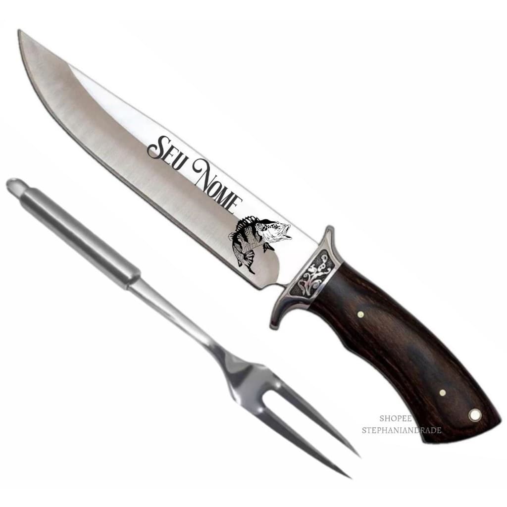 Faca Churrasco Personalizada Com Nome e Logo mais Bainha Garfo Culinário de Inox 32cm Trinchante