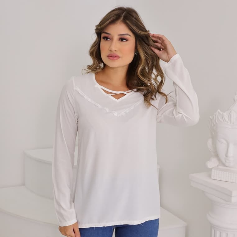 BLUSA LISA MANGA LONGA COM CORDINHA PARTE DE CIMA