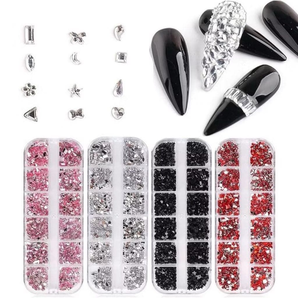 Kit 12 Grade Multi Tipo Hotfix Rhinestones Flatback Cristal Diamante Gemas 3D Glitter Nail Art Decoração Luxuosa