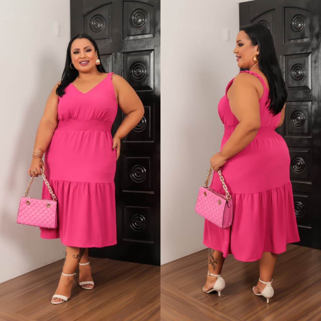 Vestido Midi Plus Size de Alça decote V com elastex GG G1 G2 Confortável para o Verão