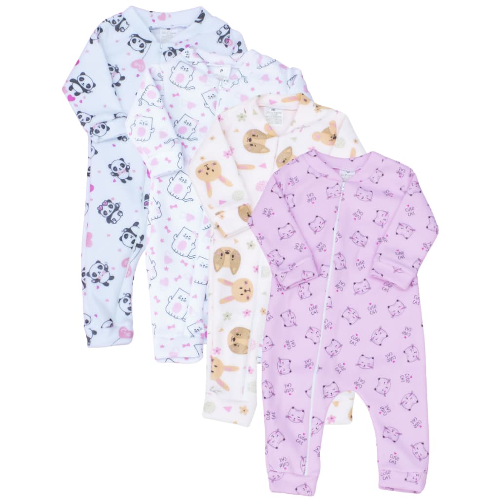 Combo Macacão Bebe Zíper Soft Estampado 04 Peças Menino Menina Quente Inverno Roupas de Bebê Pijama