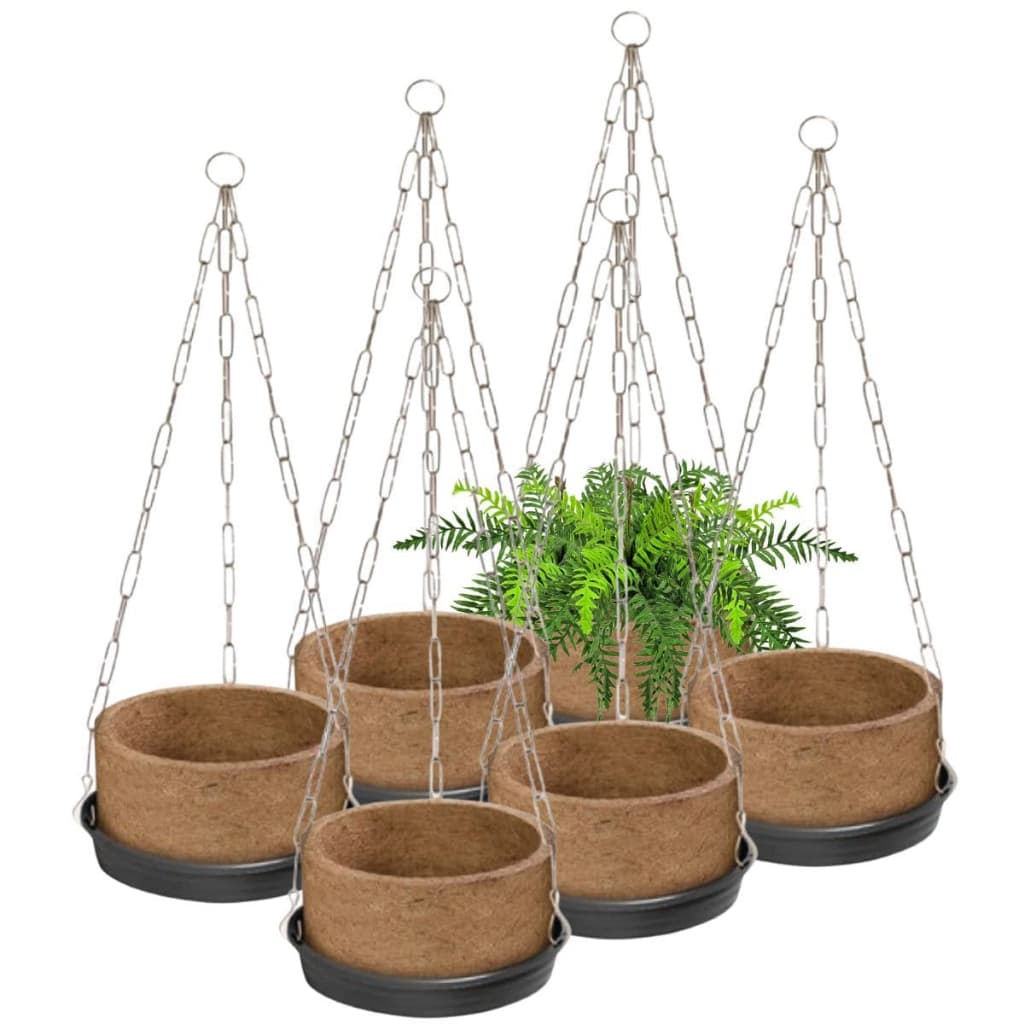 6 Vaso Natural Fibra de Coco Para Pendurar Completo Corrente 44cm + Vaso 02 + Prato Preto Nutriplan