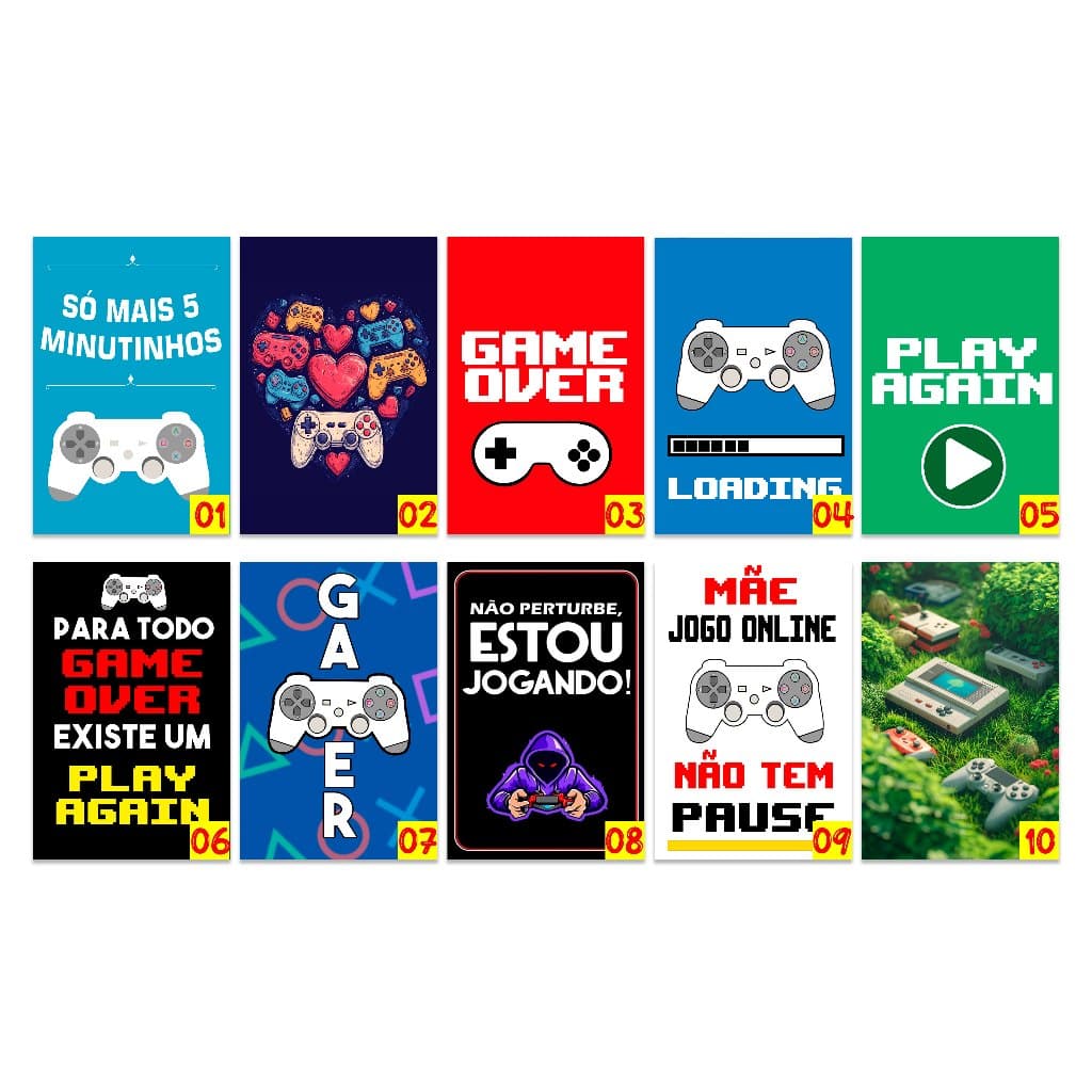 Kit 10 quadros Tema Games Videogames Retro Frases Jogos Nerd Geek 14x20 decoração quarto gamer presente
