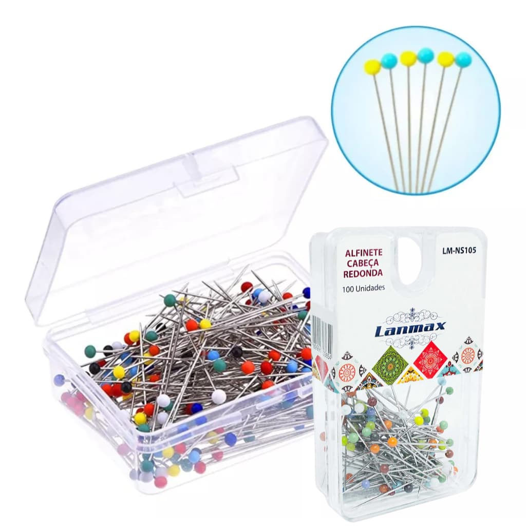 100 Alfinetes Cabeça Vidro Inox Fino Patchwork Alinhavar