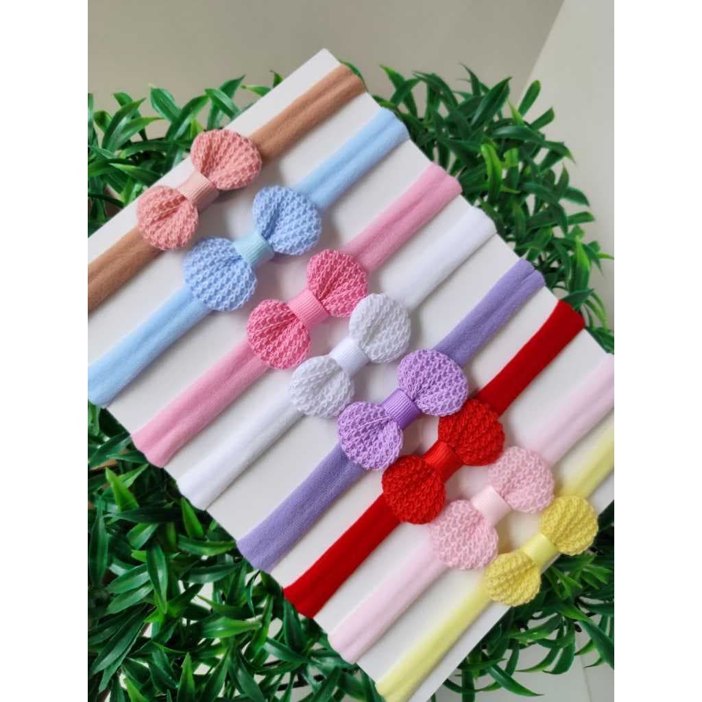 Kit com 8 laços de Crochê na Faixinha para Bebe/ Saída Maternidade/ Faixinha de Cabelo Infantil