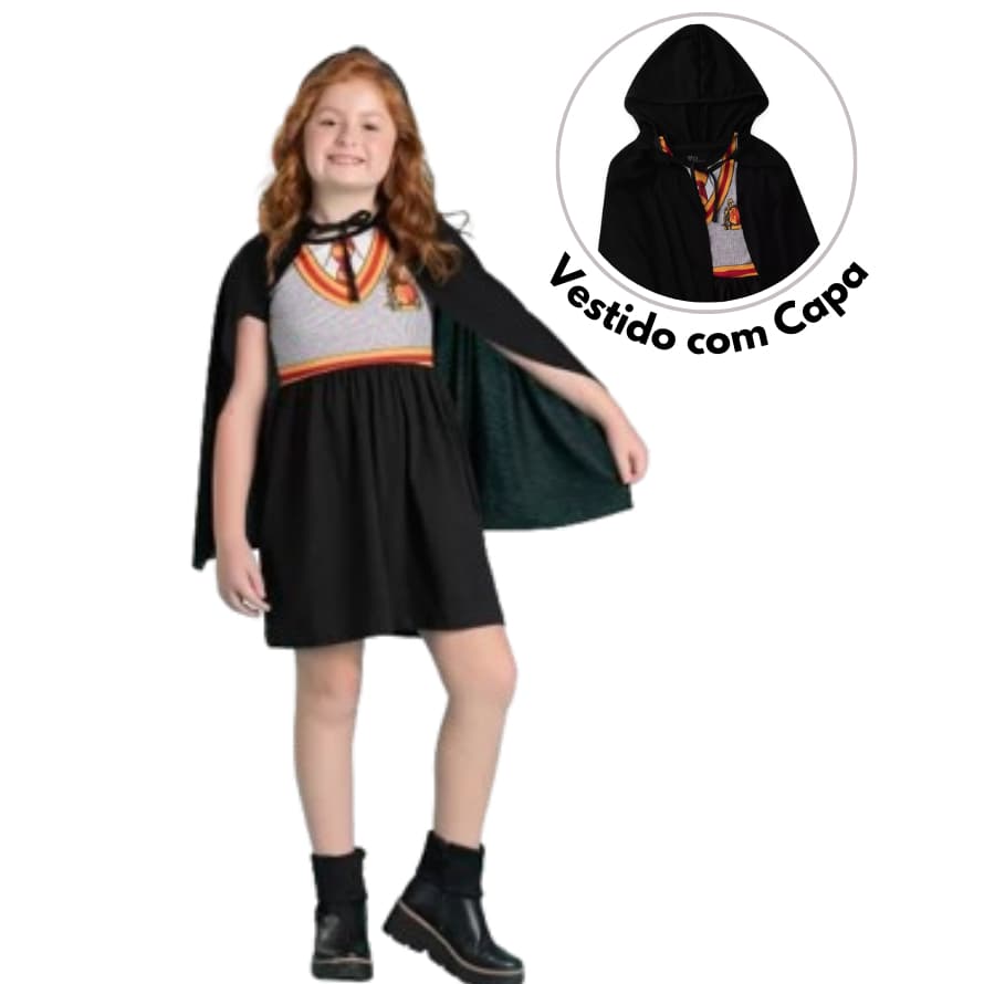 Fantasia Infantil Harry Potter Vestido Verão com Capa e Capuz Halloween
