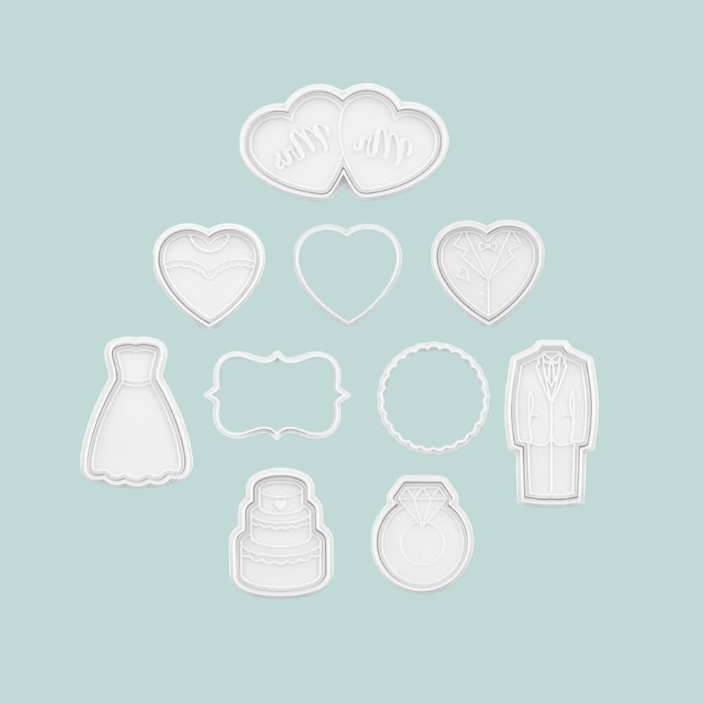Cortador de Biscoito com Carimbo - Casamento, Noiva, Noivo, Vestido, Terno, Coração