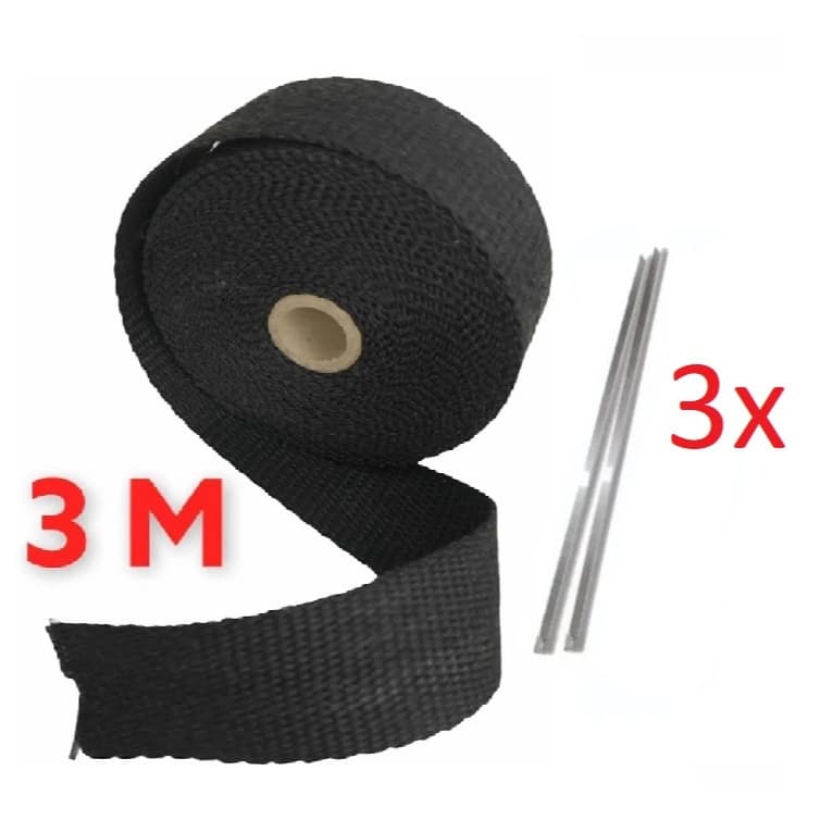 Fita Termica Termotape Preta 3 Metros para Escapamento Coletor Carro e Moto + 3 Abraçadeiras Inox