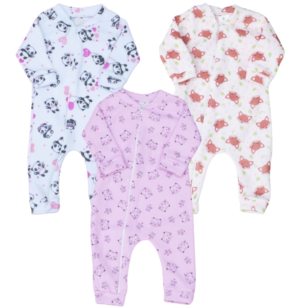 kit 3 Macacão Bebe Zíper Soft Sortido 03 Peças Menina Menino Quente Inverno Roupas de Bebê Pijama