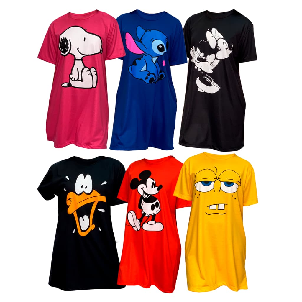 Kit com 6 Camisolas de Malha Manga Curta Feminina Camisão Desenhos Personagem