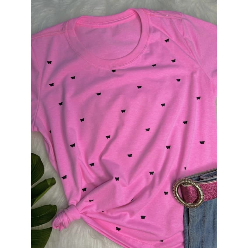 Camisa Feminina T Shirt Com Desenho de Borboleta Rosa