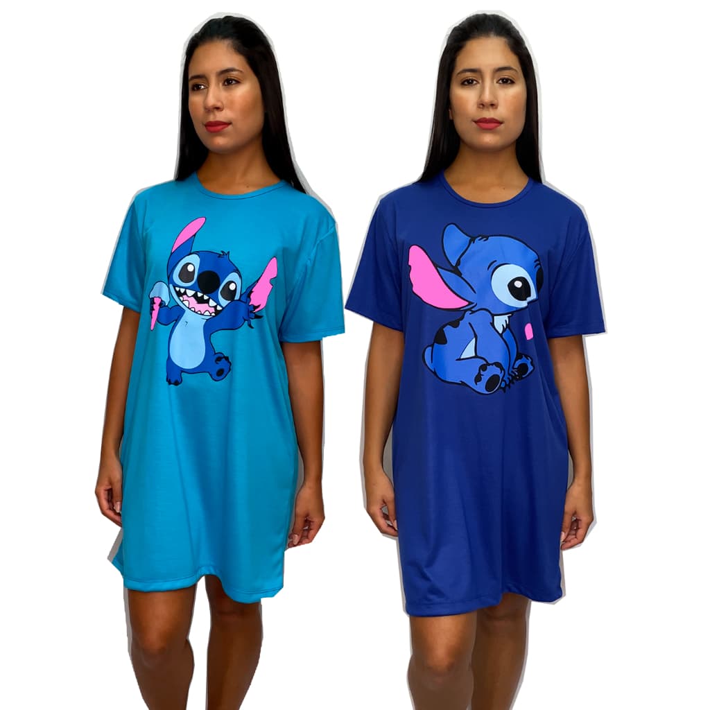 Camisola Stitch Azul Modelo Manga Curta Malha Feminina