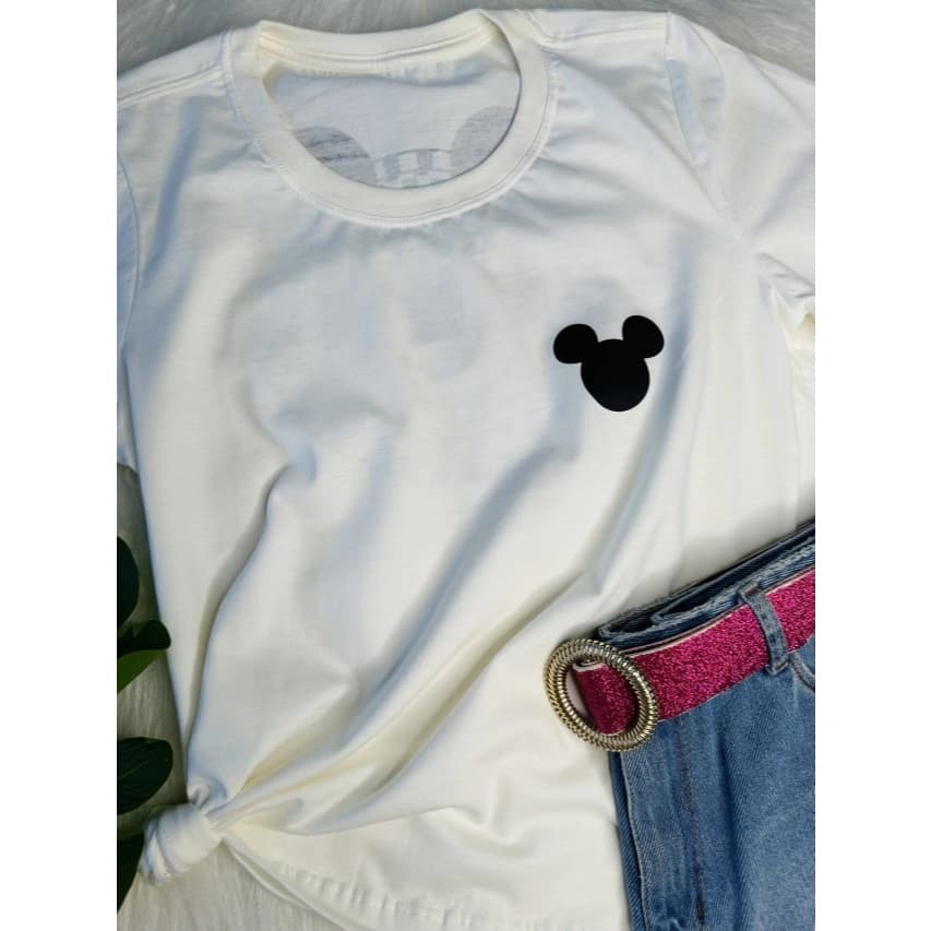 Camisa Feminina T Shirt Com Desenho Do Mickey Mouse nas Costas e No lado Esquerdo simbólico Off White
