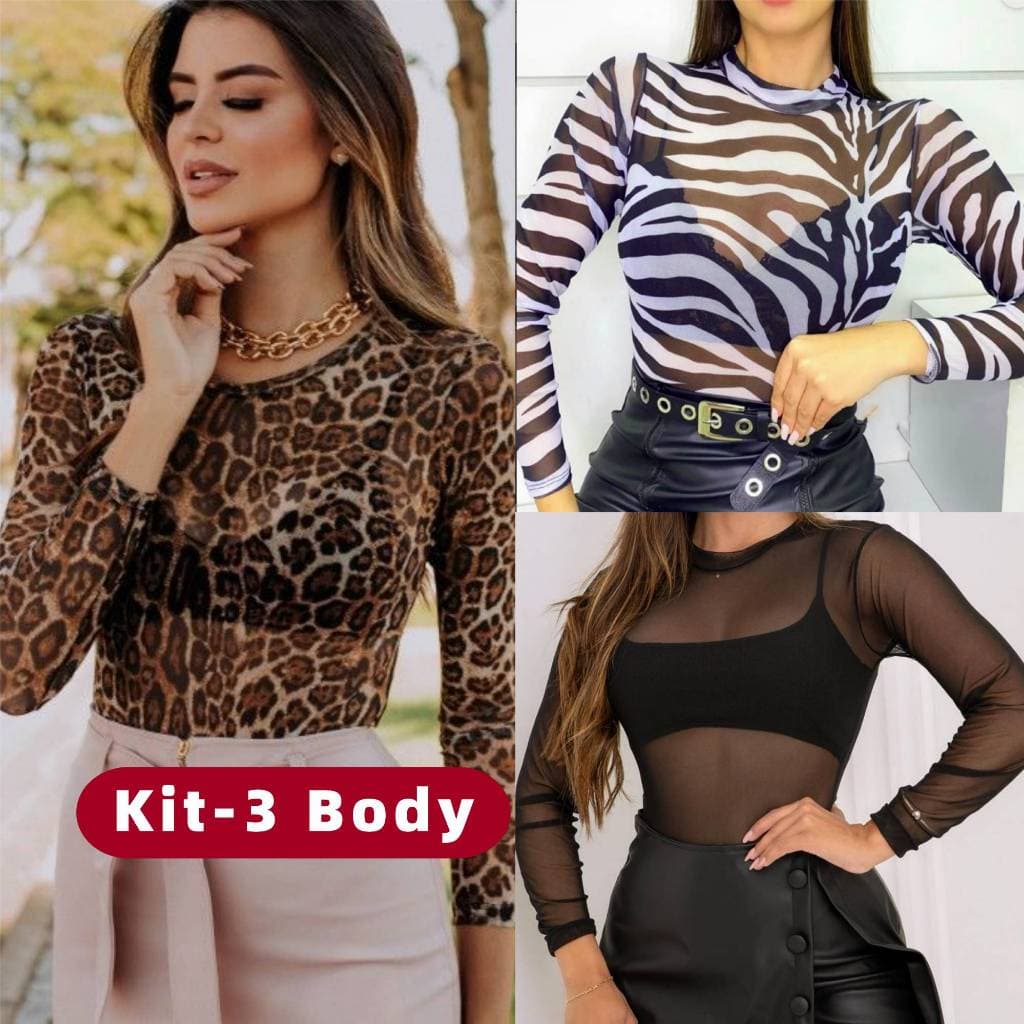 KIT 3 Body feminino Tule Animal Print Bori Transparente Zebra, Onca, Preto