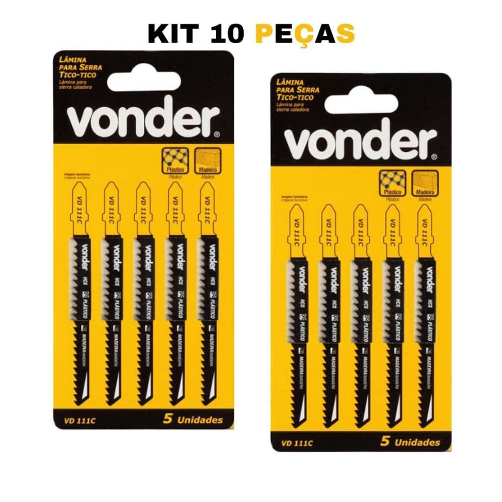 Kit 10 Pçs Lâminas de Serra Tico-Tico Universal VD111C - Vonder - Cortes Precisos em Madeira E Derivados Encaixe Tipo T