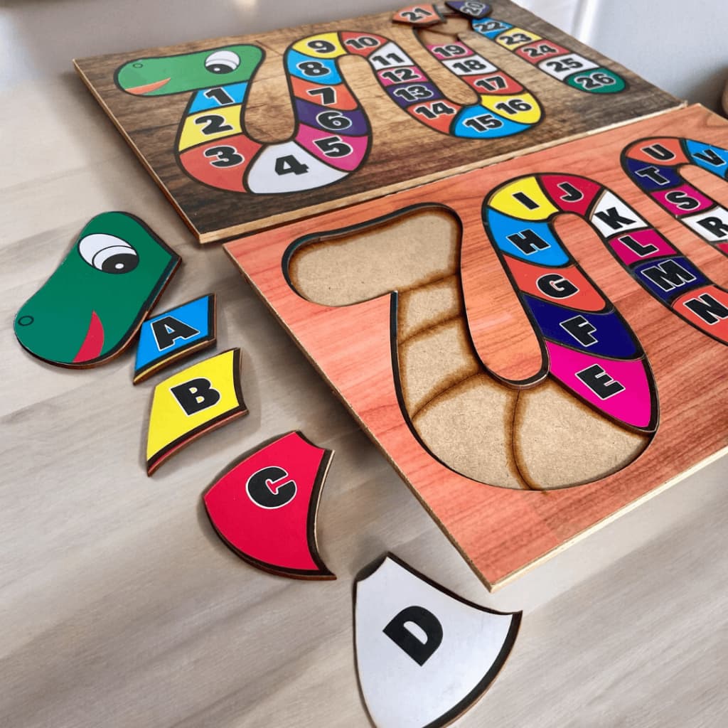 Kit 2 Quebra Cabeça Cobra Madeira MDF Brinquedo Pedagógico Educativo Alfabeto ABC E Números Alfabetização Infantil