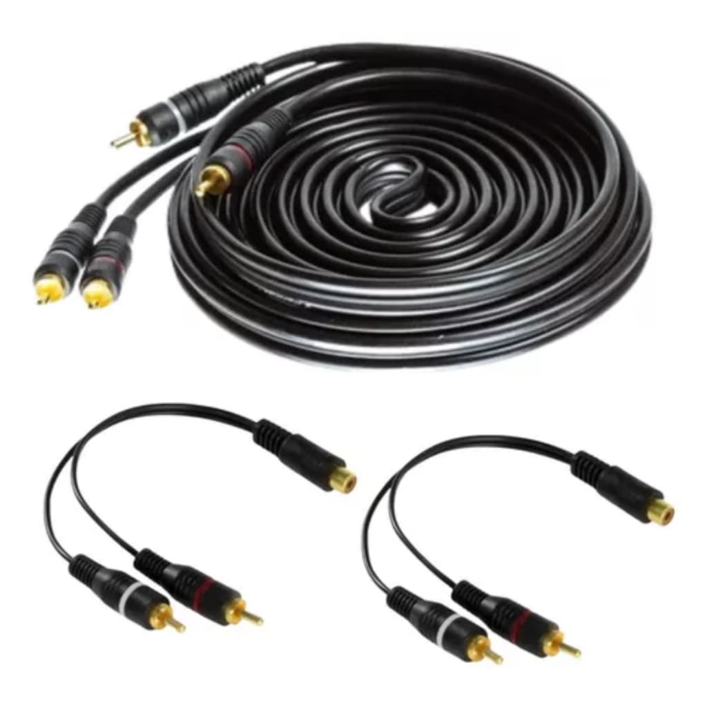 Kit 1 Cabo Rca 3 Mts Para Som Automotivo Emborrachado Preto + 2 Cabo Rca Y Para Som Automotivo 25Cm