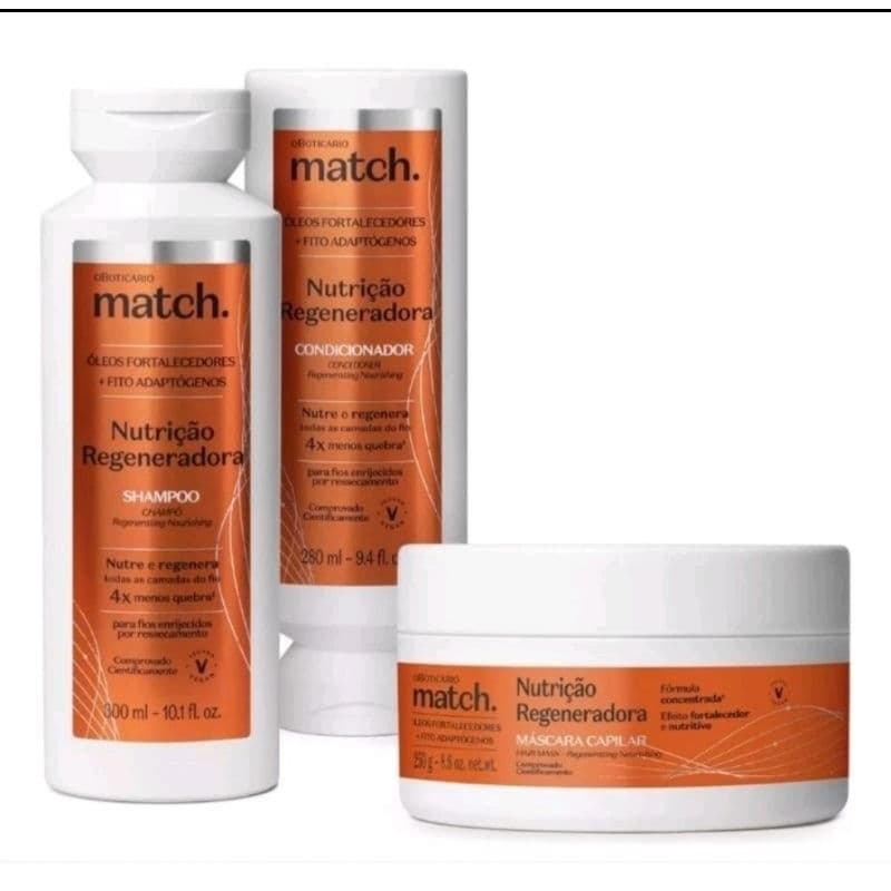 Match nutrição Regeneradora  o Boticário shampo Condicionador máscara cabelos