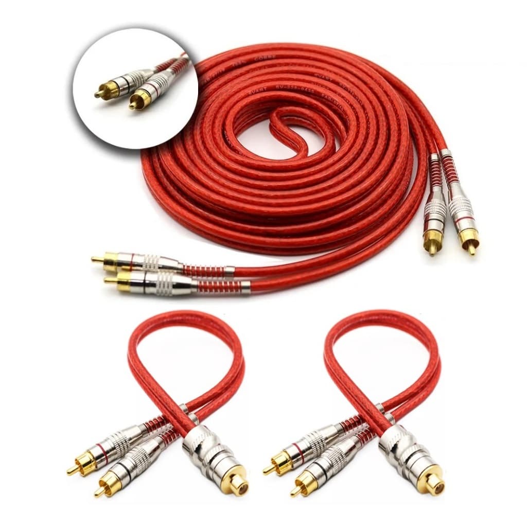 Kit 1 Cabo Rca 5 Metros + 2 Y Macho Vermelho Blindado Injetado para Módulo Amplificador