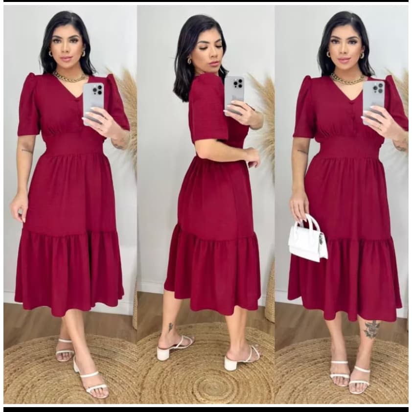 vestido duna mídi feminino com elástico na cintura. Ref:026
