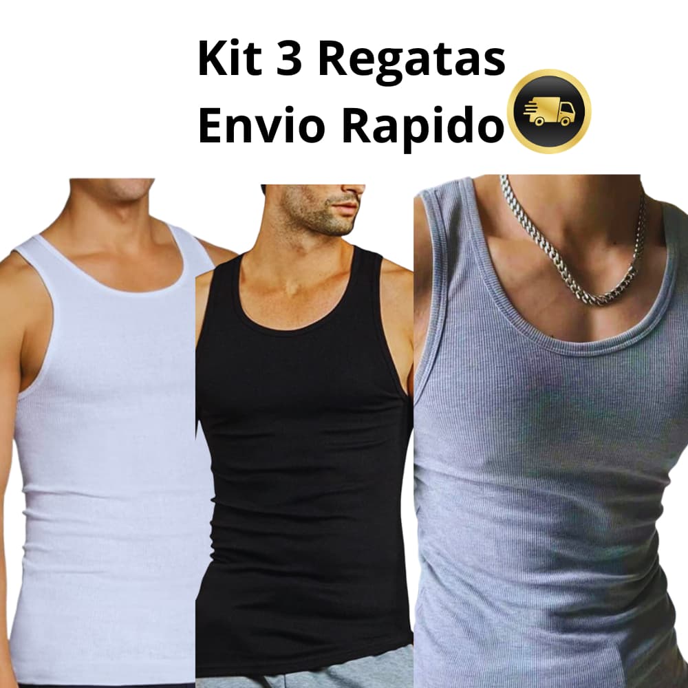 3 Regata Masculina canelado Ribana algodão Modelo Americano