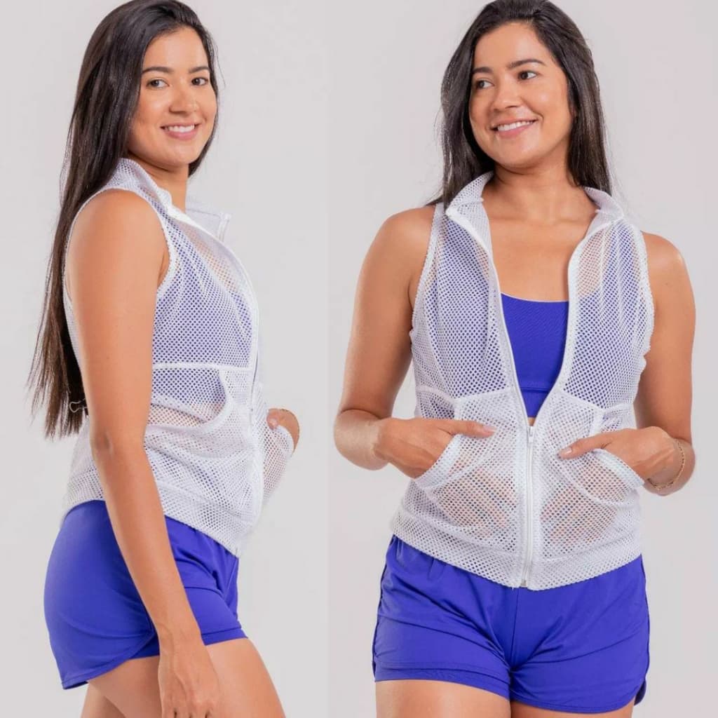 Colete de academia com zíper bolsos em tela fitness feminino