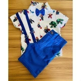 Conjunto Menino Infantil Luxo Temático Lego Herói +Bermuda Azul