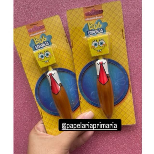 caneta esferográfica tinta azul papelaria fofa em formato do bob esponja